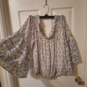 Free People Floral Bell Sleeve Blouse - Cream and Blue